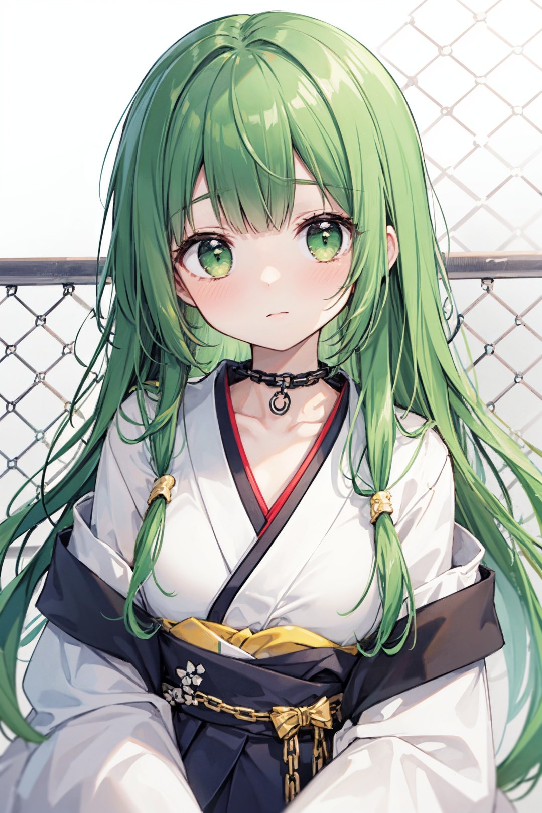  blunt bangs, ceiling, chain-link fence, checkered background, collarbone, green eyes, hexagon, japanese clothes, long hair, looking at viewer, messy hair, solo, upper body, wall,green hair,big hair,loli,messy hair,messy sleeper,hair flowing over