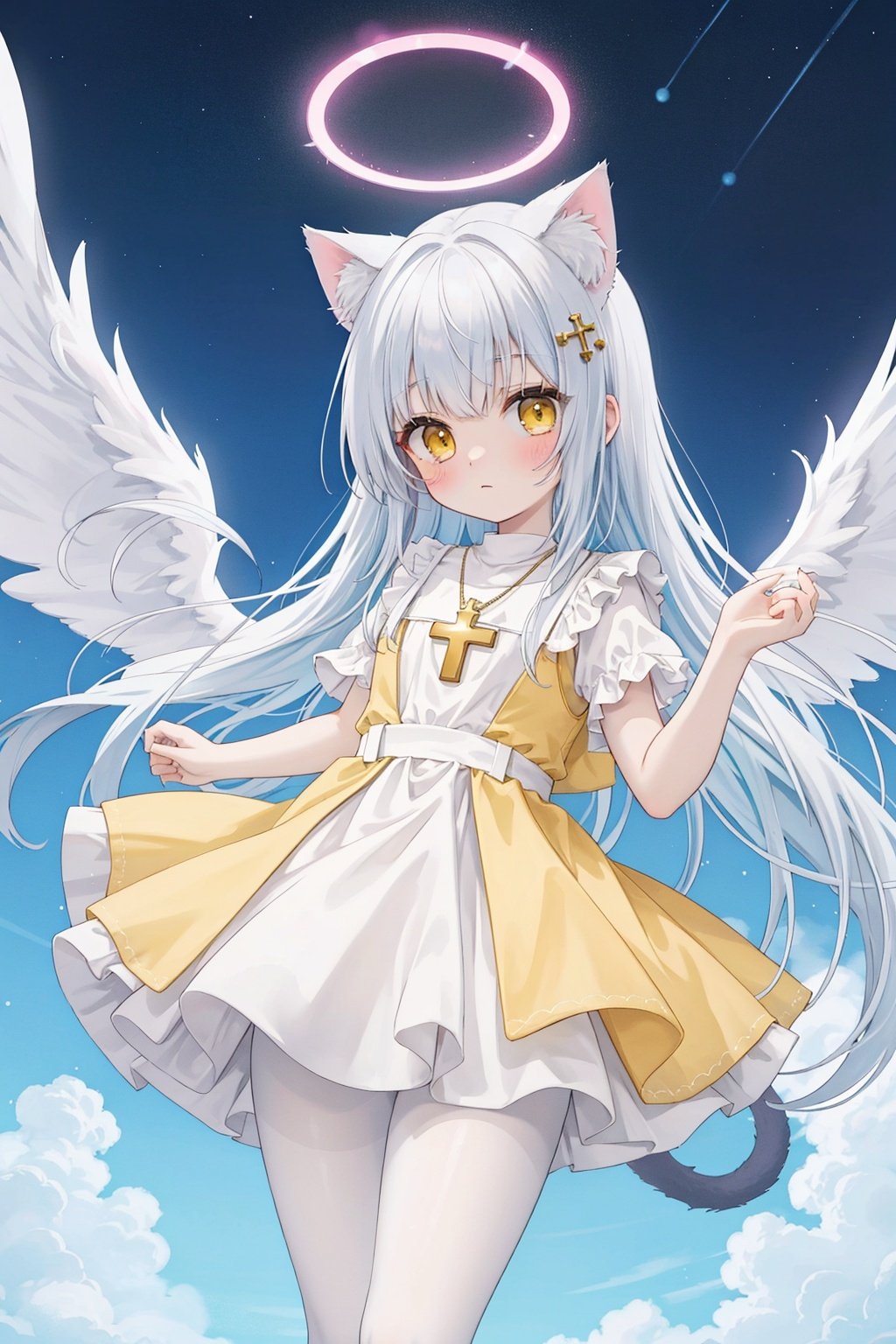  white hair,yellow eyes,looking up,stockings,long hair,hime cut,messy hair,floating hair,demon wings,halo,cross necklace,holy,divinity,shine,holy light,cat girl,(loli),(petite),solo,white pantyhose