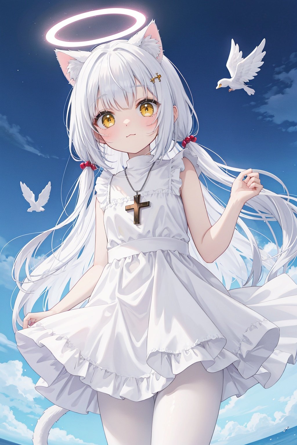  white hair,yellow eyes,looking up,stockings,long hair,hime cut,messy hair,floating hair,demon wings,halo,cross necklace,holy,divinity,shine,holy light,cat girl,(loli),(petite),solo,white pantyhose