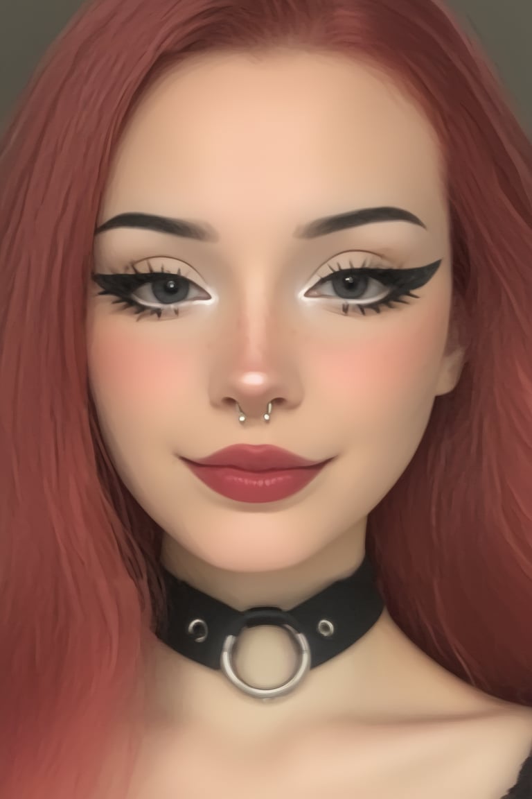 GothEmoGirl, 1girl, choker, solo, looking at viewer, piercing, black choker, portrait, nose piercing, red hair, long hair, smile, black eyes, lips, jewelry, o-ring choker,<lora:659095807385103906:1.0>