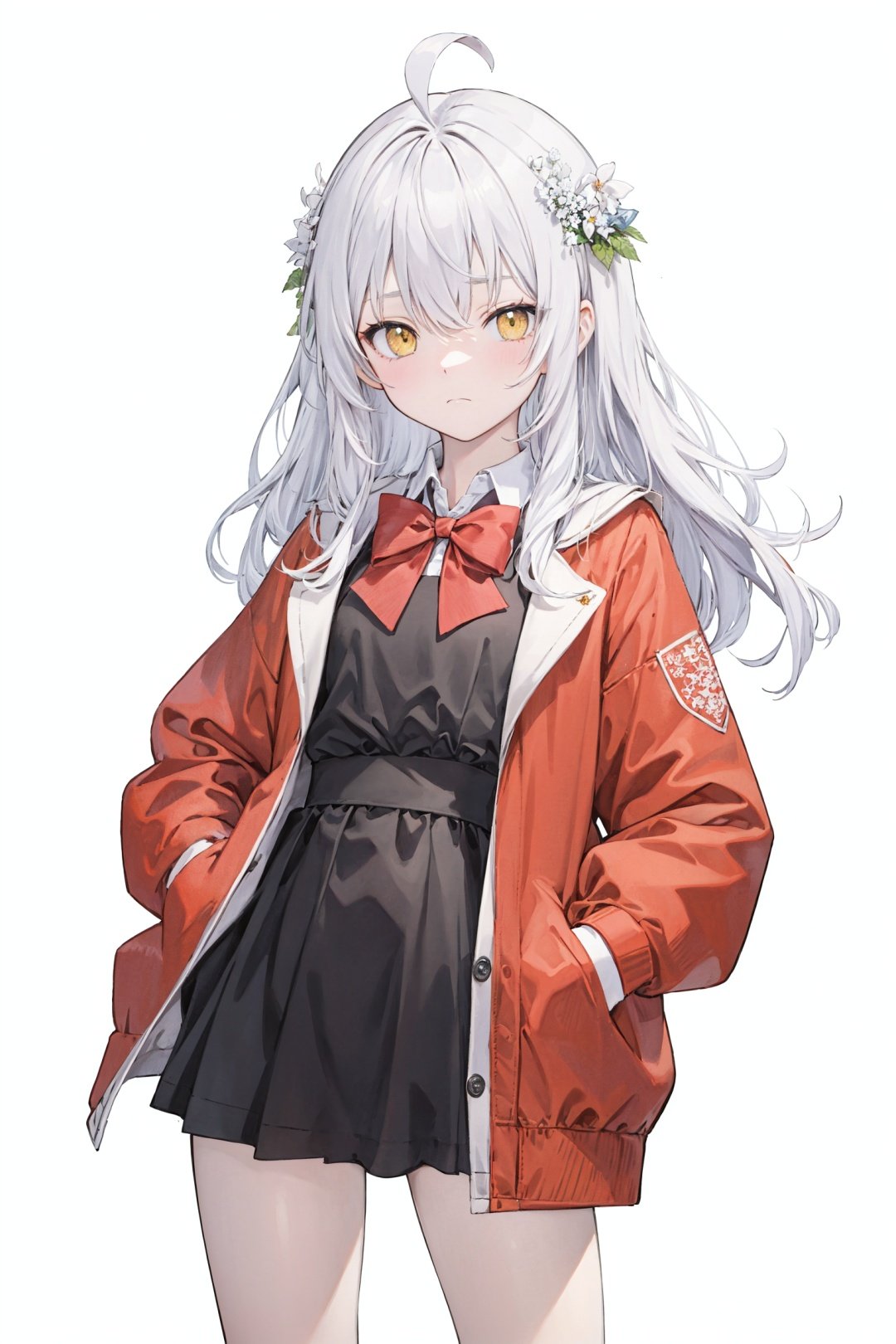  (best quality), ((masterpiece)), (highres),standing,original, extremely detailed wallpaper,crown,(an extremely delicate and beautiful),(loli),(petite),white hair,bangs,ahoge,hair flowing over,curly hair,long hair,Yellow eyes, (red Jacket),white collared shirt,hair flower,fipped hair,floating hair,Frown,hands in pockets,black dress,red bowtie,(solo),cozy anime,houtufeng, greyscale