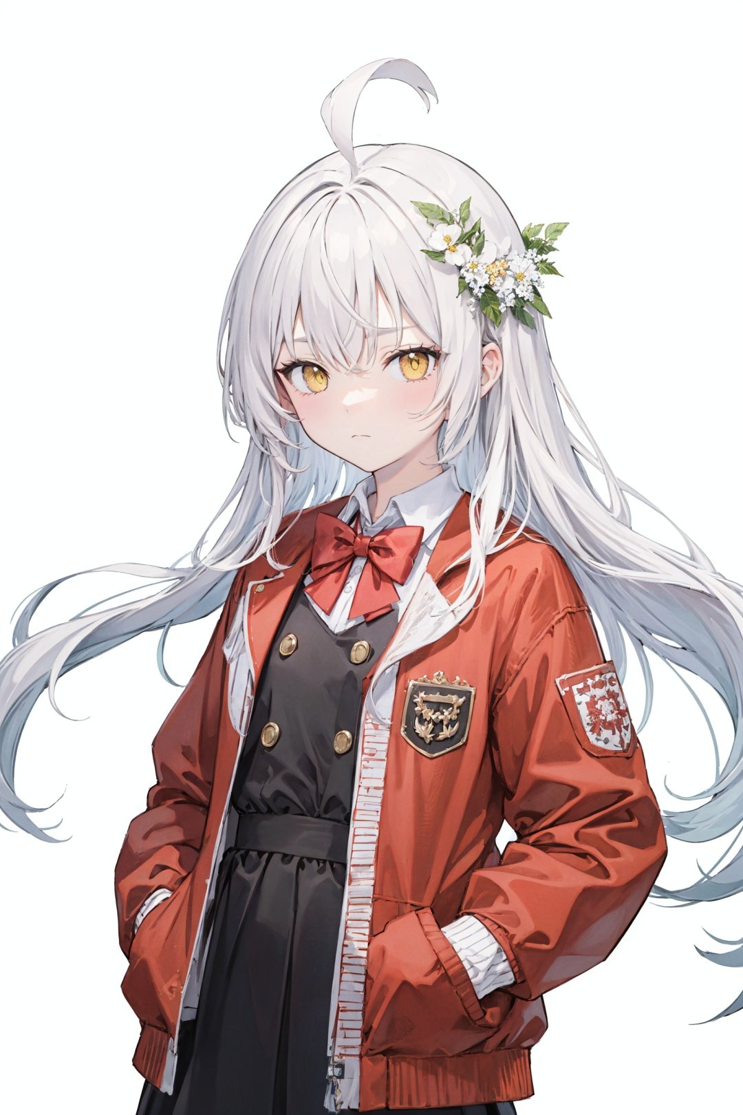  (best quality), ((masterpiece)), (highres),standing,original, extremely detailed wallpaper,crown,(an extremely delicate and beautiful),(loli),(petite),white hair,bangs,ahoge,hair flowing over,curly hair,long hair,Yellow eyes, (red Jacket),white collared shirt,hair flower,fipped hair,floating hair,Frown,hands in pockets,black dress,red bowtie,(solo),cozy anime,houtufeng, greyscale