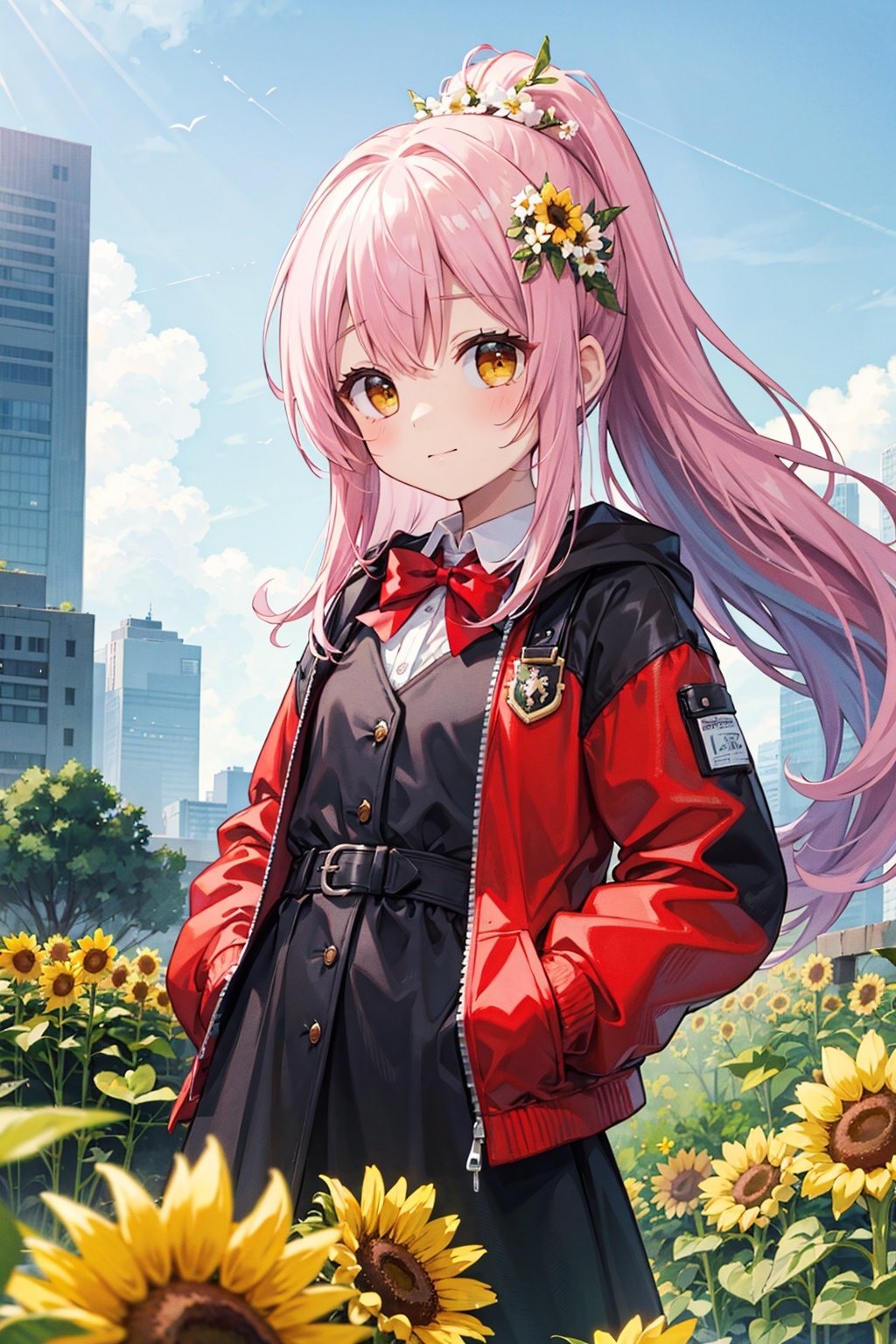  (best quality), ((masterpiece)), (highres),standing,original, extremely detailed wallpaper, (an extremely delicate and beautiful),(loli：1.2),(petite:1.2),Pink hair,Yellow eyes, (red Jacket),high ponytail,white collared shirt,hair flower,fipped hair,floating hair,Frown,hands in pockets,black dress,red bowtie,(solo),sky, skyline, skyscraper, smile, solo, sunflower, tower, upper_body,white flower