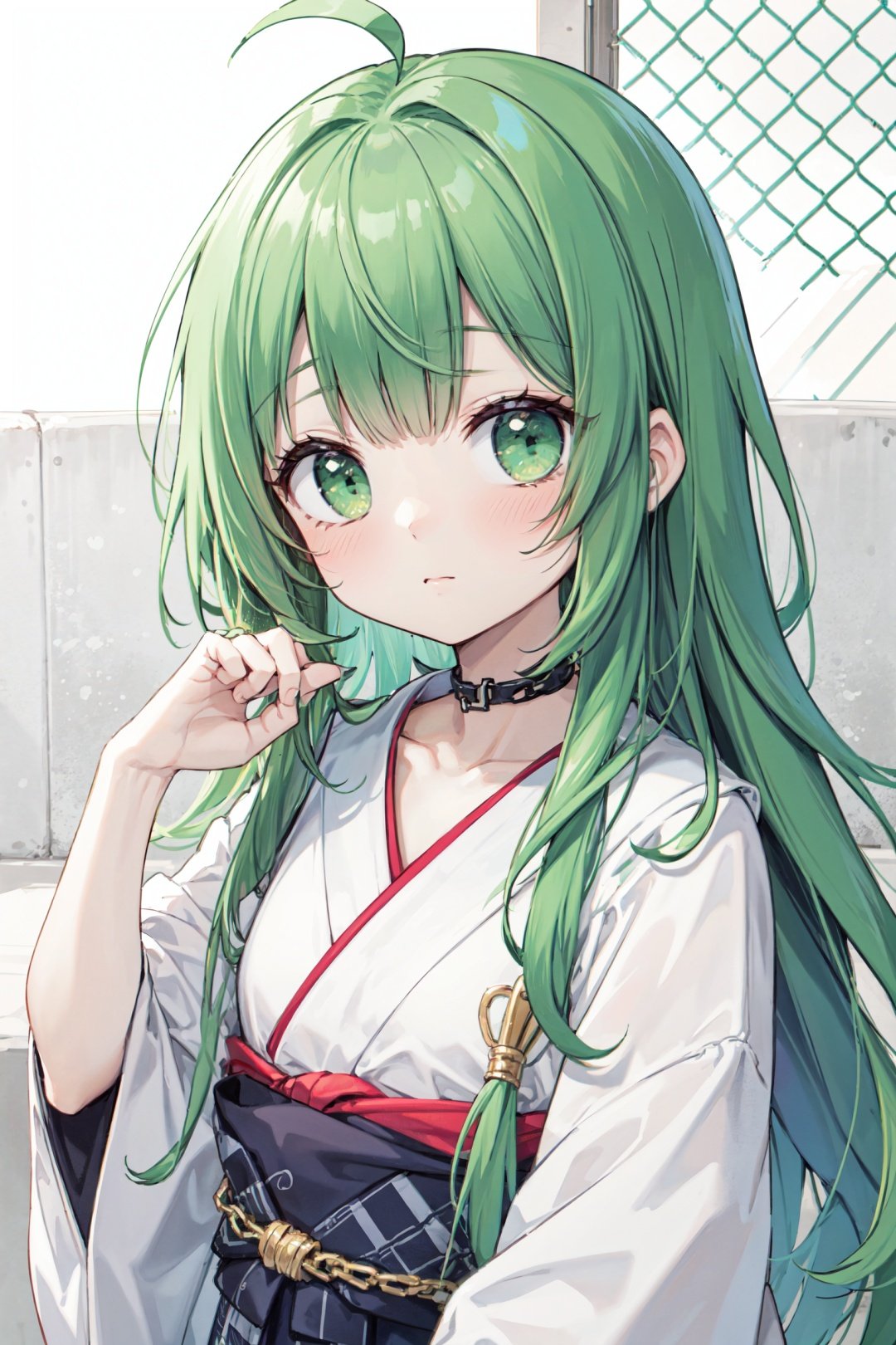  blunt bangs, ceiling, chain-link fence, checkered background, collarbone, green eyes, hexagon, japanese clothes, long hair, looking at viewer, messy hair, solo, upper body, wall,green hair,big hair,loli,messy hair,messy sleeper,hair flowing over