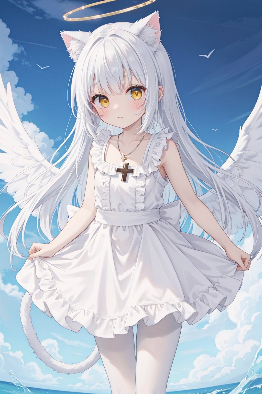  white hair,yellow eyes,looking up,stockings,long hair,hime cut,messy hair,floating hair,demon wings,halo,cross necklace,holy,divinity,shine,holy light,cat girl,(loli),(petite),solo,white pantyhose