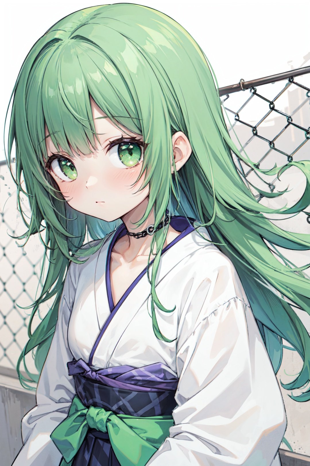  blunt bangs, ceiling, chain-link fence, checkered background, collarbone, green eyes, hexagon, japanese clothes, long hair, looking at viewer, messy hair, solo, upper body, wall,green hair,big hair,loli,messy hair,messy sleeper,hair flowing over