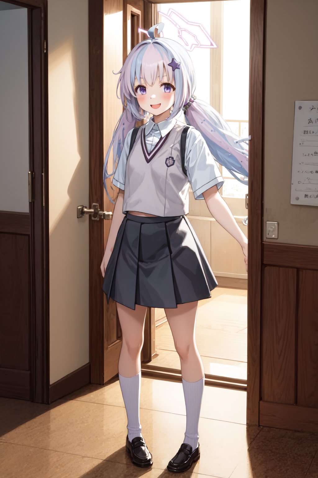 Masterpiece, best quality, 1girl, indoor, standing, looking at viewer, full body, smile, reisaface, twintails, purple eyes, hair ornament, halo, <lora:reisa-10:1>,  <lora:tokiwadai_school_uniform:1>, tokiwadai school uniform, 