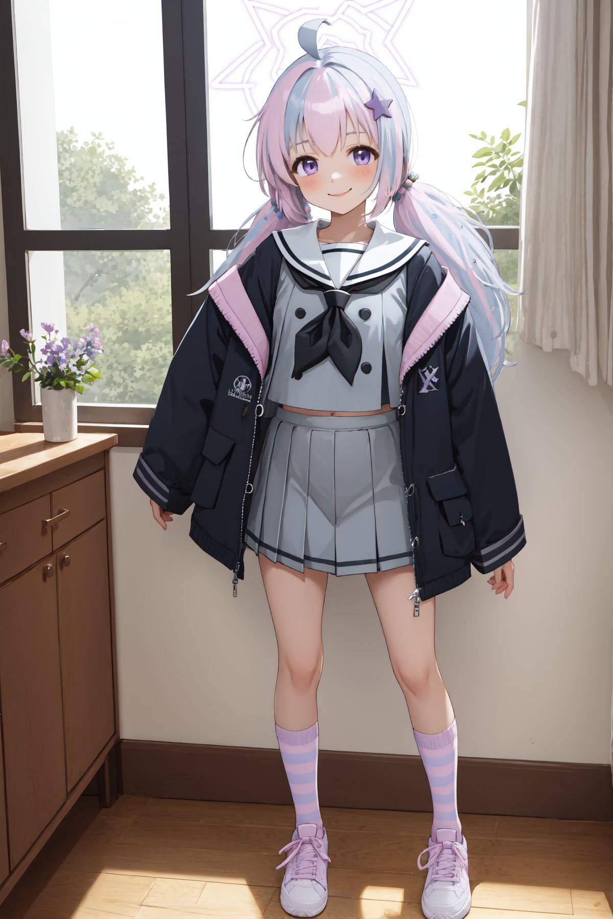 Masterpiece, best quality, 1girl, indoor, standing, looking at viewer, full body, smile, reisaid, twintails, purple eyes, hair ornament, halo, neckerchief, open jacket, gray sailor collar, pink sock, striped sock, sneakers, <lora:reisa-10:1>, 