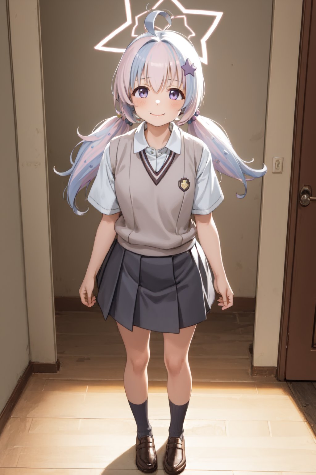 Masterpiece, best quality, 1girl, indoor, closed mouth, standing, looking at viewer, full body, smile, reisaface, twintails, purple eyes, hair ornament, halo, <lora:reisa-10:1>,  <lora:tokiwadai_school_uniform:1>, tokiwadai school uniform, 