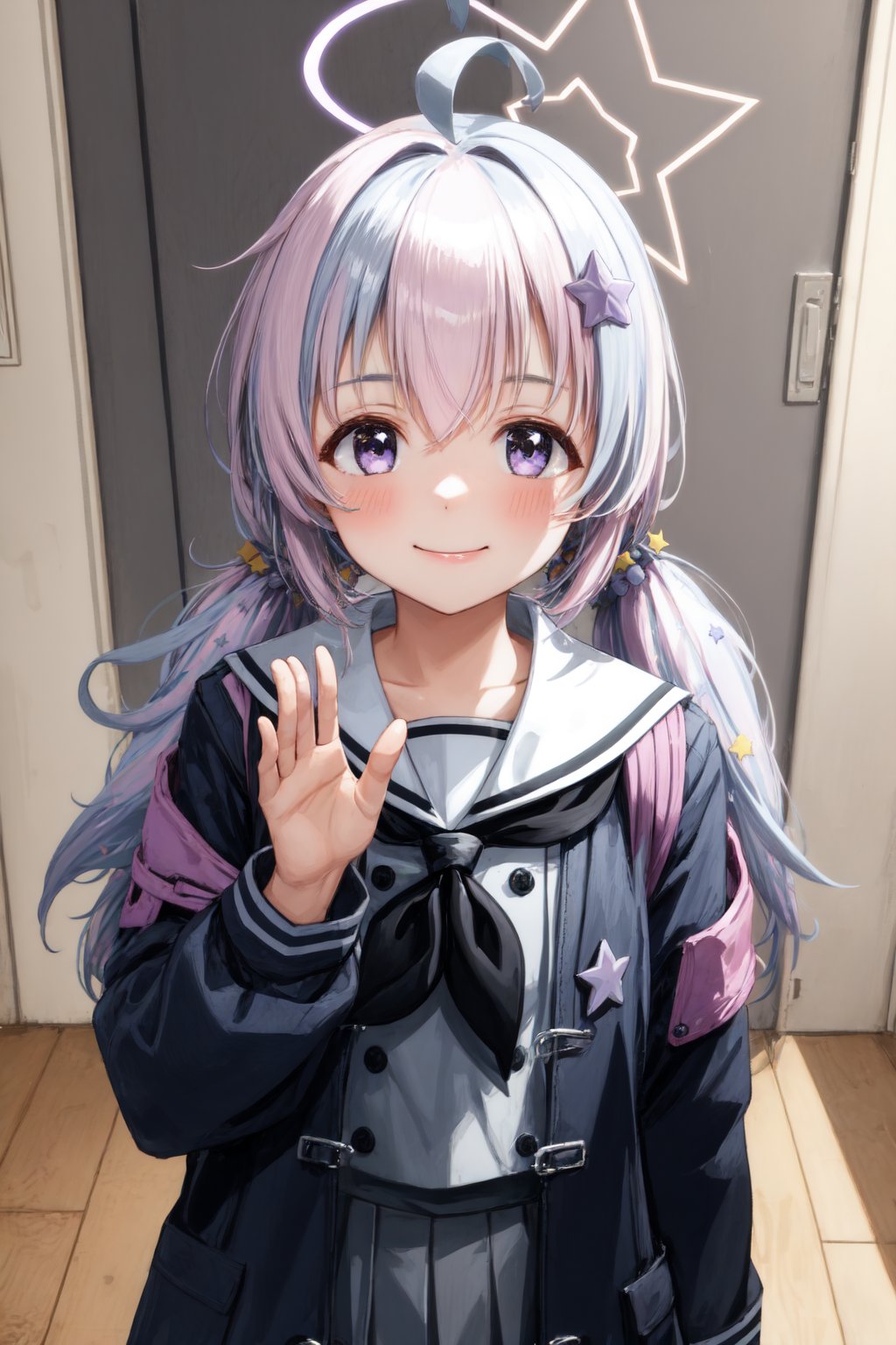 Masterpiece, best quality, 1girl, indoor, closed mouth, waving, standing, looking at viewer, upper body, smile, reisaid, twintails, purple eyes, hair ornament, halo, star shaped halo, neckerchief, open jacket, gray sailor collar, <lora:reisa-10:1>, 