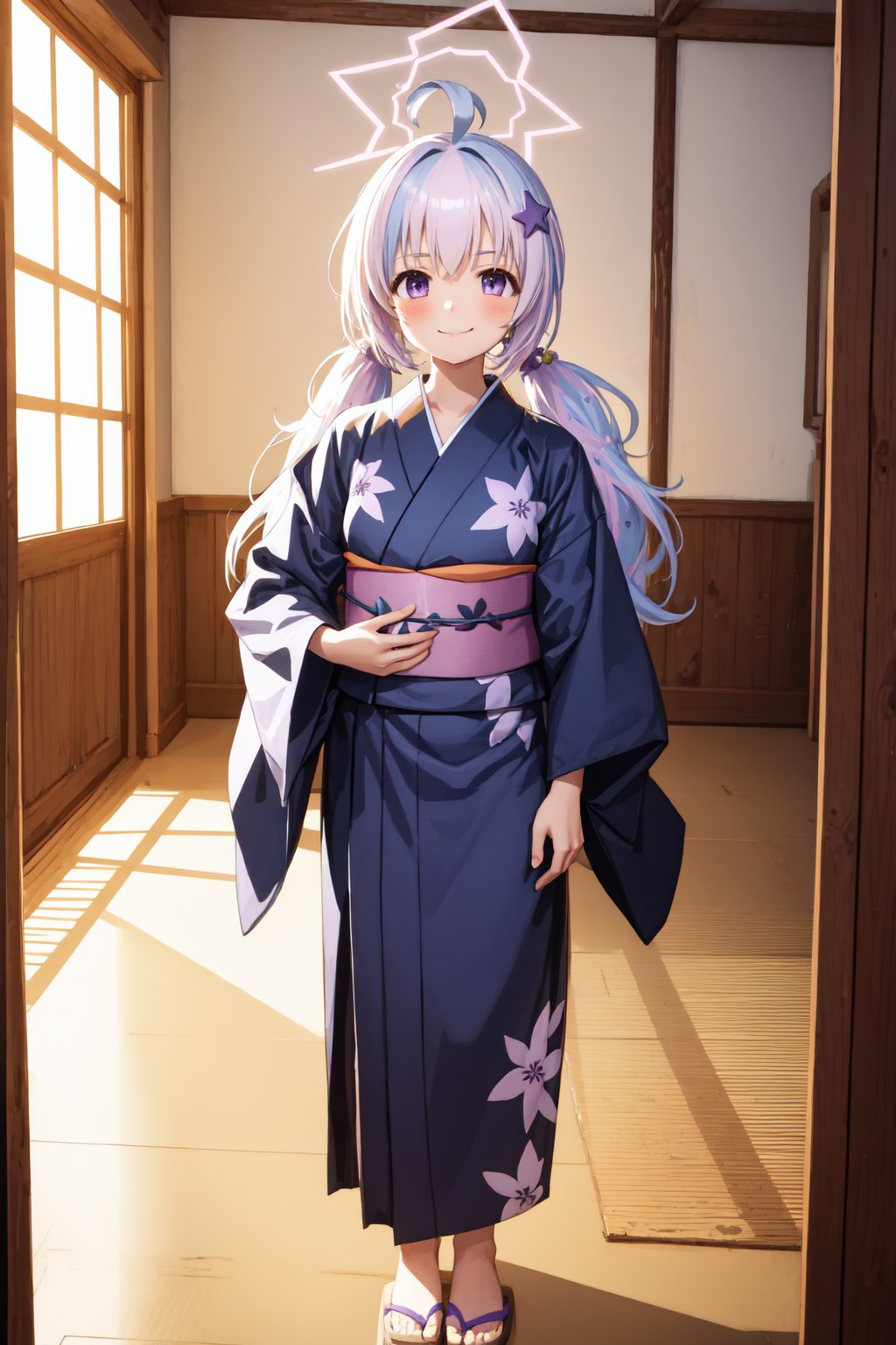 Masterpiece, best quality, 1girl, indoor, closed mouth, standing, looking at viewer, full body, smile, reisaface, twintails, purple eyes, hair ornament, halo, pink yukata,  <lora:reisa-10:1>, 