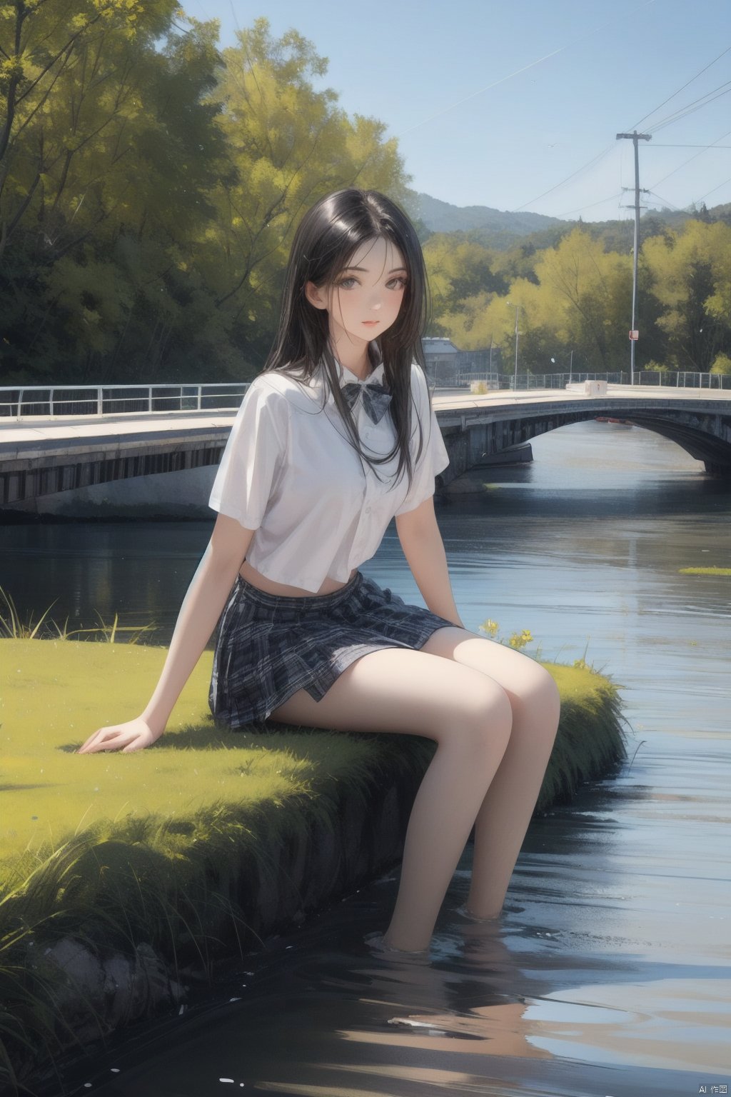  1girl, pale skin,black hair,long_hair,outdoors,sitting, bridge,river,full_body, miniJK,plaid