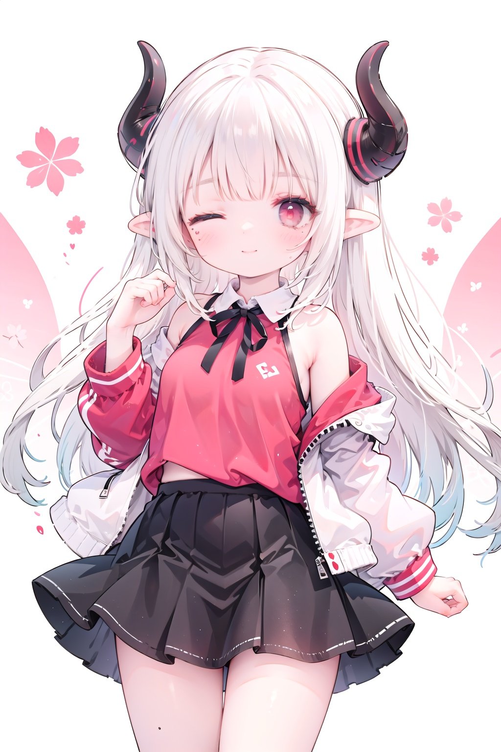 1girl,solo,red eyes,horns,one eye closed,long hair,off shoulder,white hair,white jacket,shirt,jacket,looking at viewer,ribbon,pointy ears,red shirt,closed mouth,black skirt,long sleeves,bangs,black ribbon,hand up,sleeveless,open clothes,skirt,pink background,breasts,neck ribbon,open jacket,hair ornament,smile,sleeveless shirt,gem,very long hair,mole under eye,medium breasts,