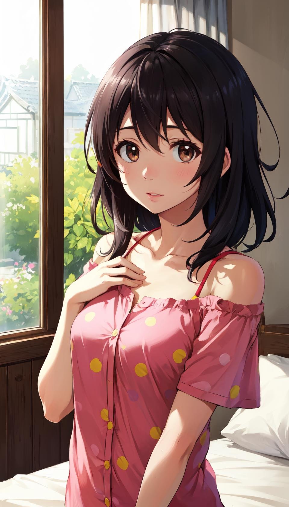 masterpiece, best quality, indoors, bedroom, bed,miyamizu mitsuha, 1girl, solo, looking at viewer, upper body, face, black hair, hair between eyes, brown eyes, long hair, messy hair, bare shoulders, collarbone, short sleeves, off shoulder, polka dot, polka dot shirt, pajamas, polka dot pajamas,  hands on chest, pink pajamas, <lora:LoRA_Miyamizu:1>,