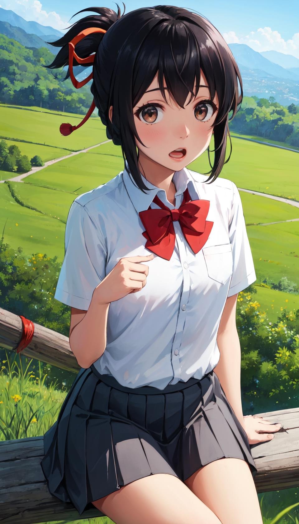 masterpiece, best quality, outdoors, grass, field, forest, <lora:LoRA_Miyamizu:1>miyamizu mitsuha, 1girl, solo, looking at viewer, sitting, black hair, brown eyes, short hair, open mouth, surprised, shock,skirt, shirt, bow, ribbon, school uniform, hair ribbon, white shirt, ponytail, short sleeves, sidelocks, pleated skirt, collared shirt, bowtie, red bow, red ribbon, red bowtie,