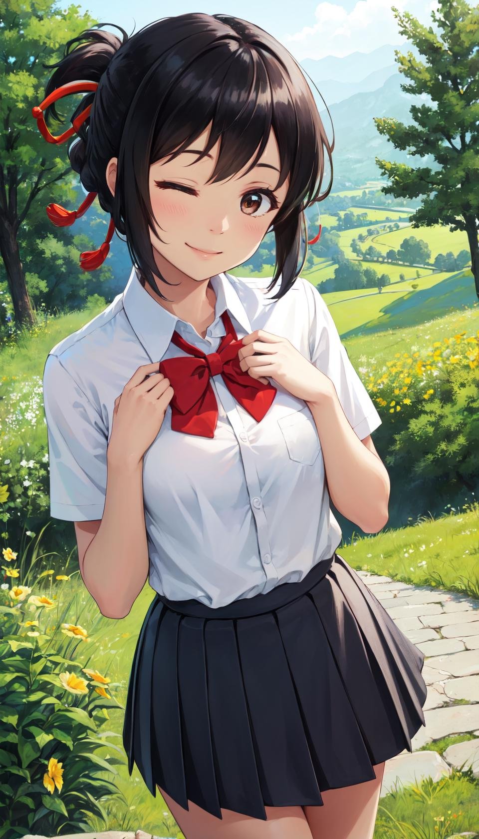 masterpiece, best quality, outdoors, grass, field, forest, <lora:LoRA_Miyamizu:1>miyamizu mitsuha, 1girl, solo, looking at viewer, cowboy shot, black hair, brown eyes, short hair, one eye closed, smile, hands on own chest, skirt, shirt, bow, ribbon, school uniform, hair ribbon, white shirt, ponytail, short sleeves, sidelocks, pleated skirt, collared shirt, bowtie, red bow, red ribbon, red bowtie,