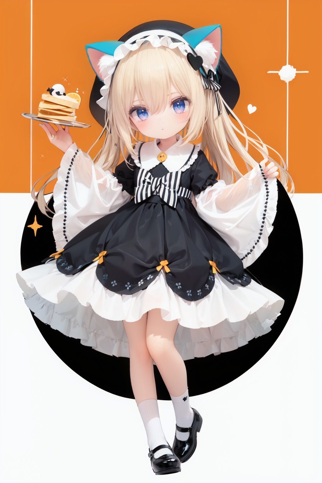  (cinematic lighting), dreamy atmosphere, Ray tracing, (((solo))), (loli:1.5), (child:1.5), (petite:1.5), green eyes, (animal ears), dress, solo, food, blonde hair, open mouth, long hair, pancake, flower, holding, bow, smile, fork, bird, socks, looking at viewer, shoes, striped background, holding fork, bonnet, striped, frills, long sleeves, :d, yellow dress, bangs, eyebrows visible through hair, blush, green nails, hair bow, nail polish, diagonal stripes, chick, sparkle, frilled dress, orange bow, fruit, full body, :3, hair between eyes, green bow, puffy sleeves, heart, lemon, orange footwear, animal ear fluff, white bow, cat ears, bobby socks, orange headwear, see-through sleeves, blue background, striped bow, hair ornament, white legwear, mary janes