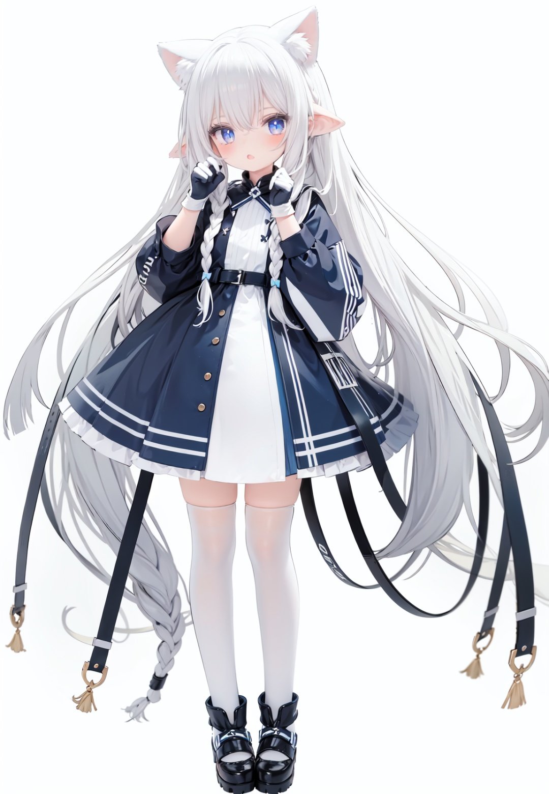  1girl, white_gloves, braid, full_body, gloves, long_hair, official_alternate_costume, pointy_ears, simple_background, solo, standing, very_long_hair, white_background, white hair, blue eyes, paw claw pose, open_mouth