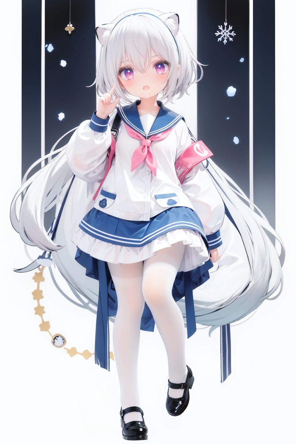  cute,Infant,solo blue shirt,blue sailor coat,loli,full body,white hair,snow leopard ear,white background,pink eyes,laugh,happy,white pantihose,white pantyhose,red armband,