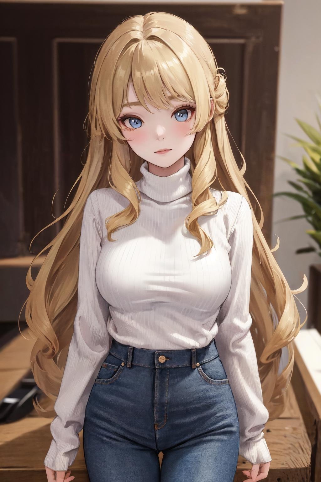 masterpiece, best quality, highres, 1girl navia <lora:navia_no_outfit:1> turtleneck sweater, denim, pants