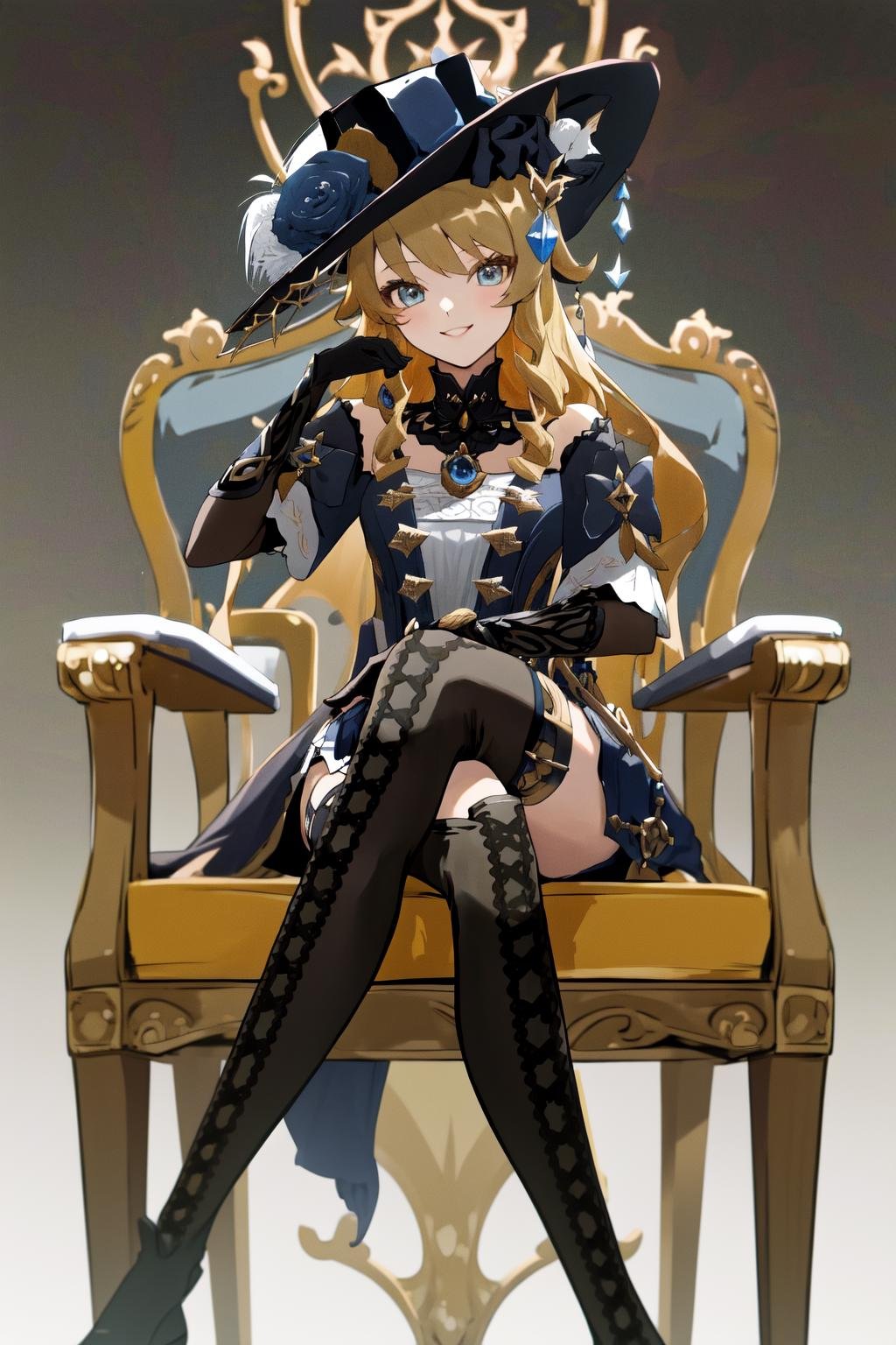 masterpiece, best quality, highres, 1girl navia, black headwear hat flower hat feather black thighhighs black gloves boots <lora:navia_full:1> sitting on chair, crossed legs, smile