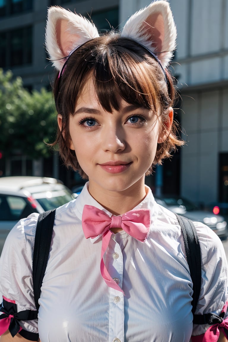 skistyle,  1girl,  solo,  cute smile,  pink hair,  animal ears,  blue eyes,  wings,  looking at viewer,  bangs,  short hair,  bow,  sailor collar,  white sailor collar,  hair bow,  pink bow,  closed mouth,  shirt,  white shirt,  bear ears,  bob cut,  mini wings,  portrait,  detached wings,  makeup,  upper body,  city in background,<lora:EMS-97102-EMS:0.800000>