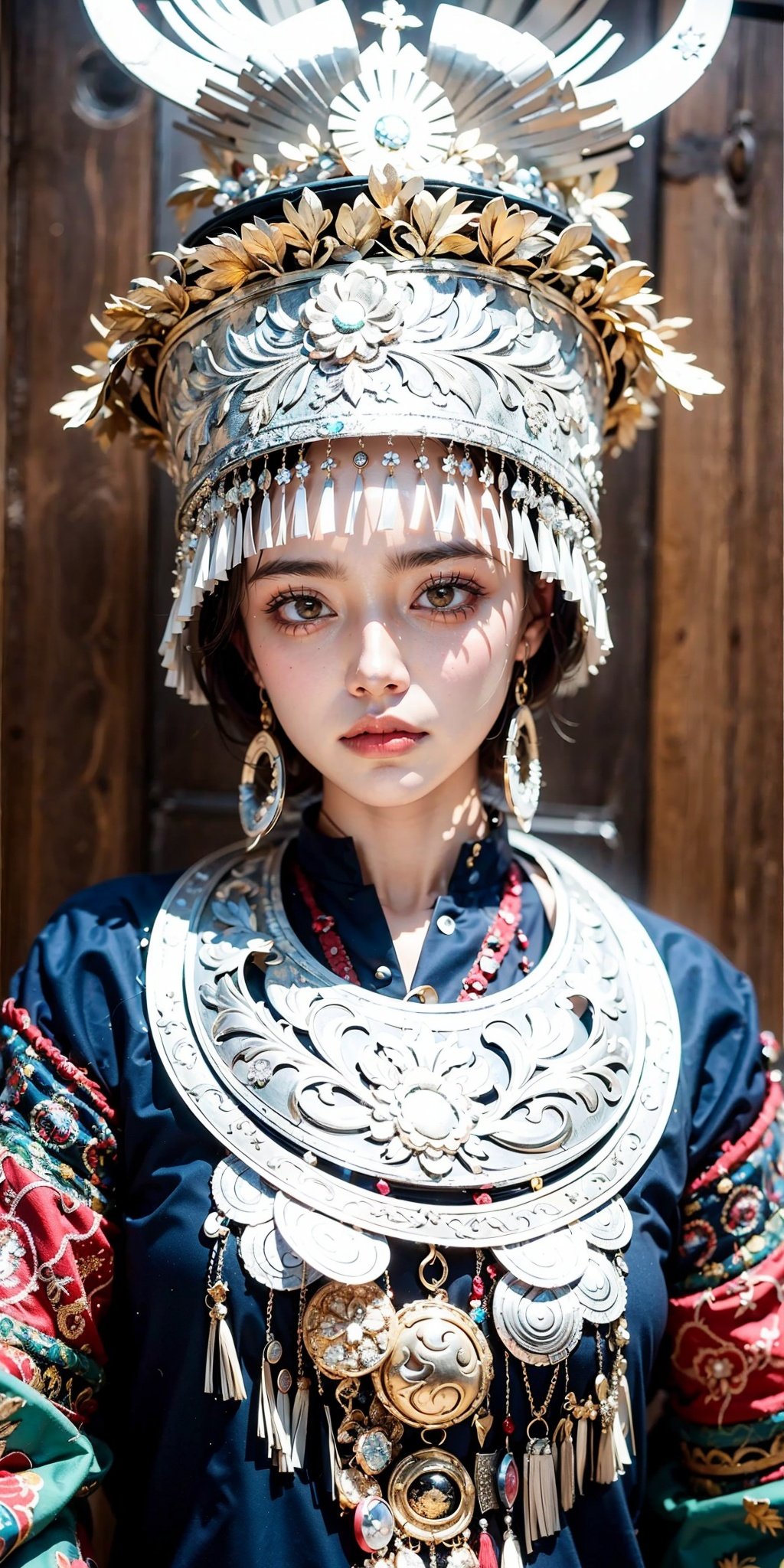 1girl,  bangs,  blunt bangs,  breath,  closed mouth,  hat, Silver metal headwear, Complex headwear, Complex jewelry, Round Silver Necklace, Miao ethnic clothing, Miao Silver Phoenix Crown,  jewelry,  lips,  short hair,  solo,  upper body,<lora:EMS-97074-EMS:0.800000>