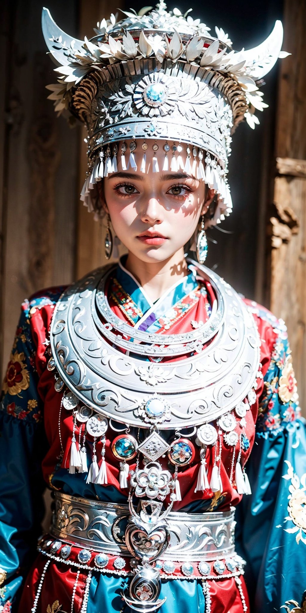 1girl,  bangs,  blunt bangs,  breath,  closed mouth,  hat, Silver metal headwear, Complex headwear, Complex jewelry, Round Silver Necklace, Miao ethnic clothing, Miao Silver Phoenix Crown,  jewelry,  lips,  short hair,  solo,  upper body,<lora:EMS-97074-EMS:0.800000>