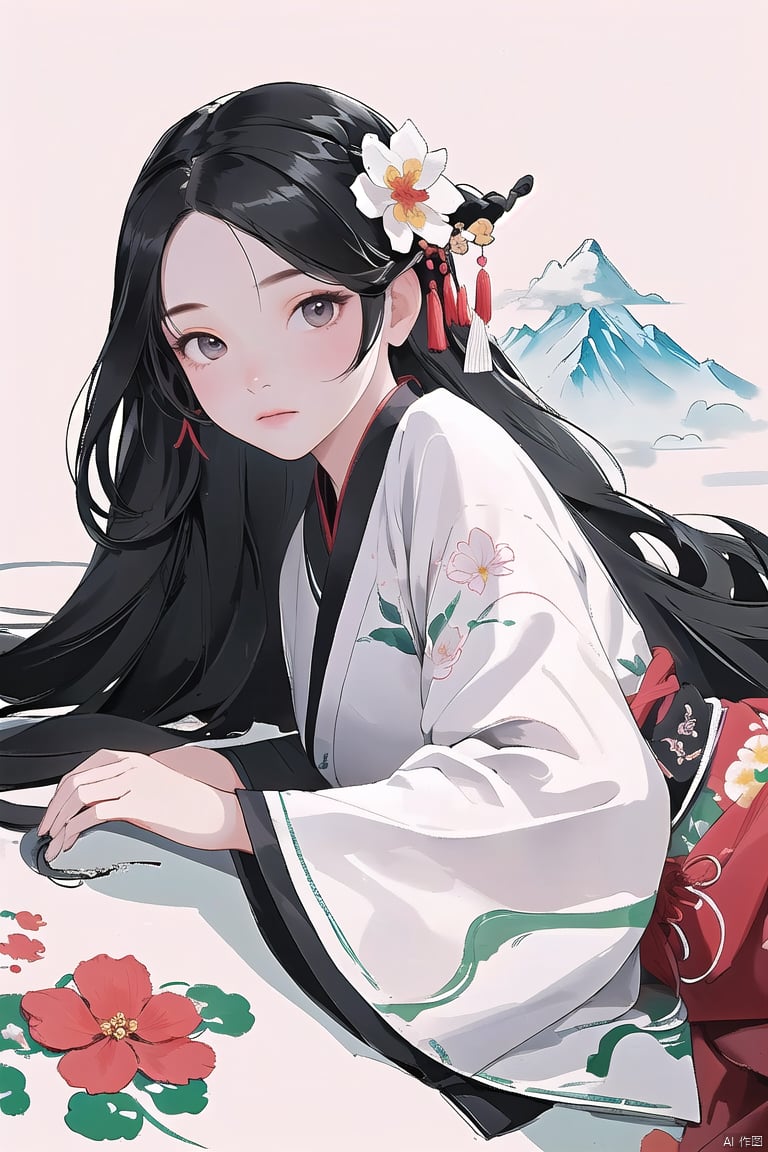  best quality,masterpiece,realistic,(simple background:1.3),hair ornament,1girl,solo,black hair,long hair,mountain,cloud,(flower:1.2),upper body,wind,hanfu , hair ornament , chinese clothes,leaf,lying,(on side:1.5),ink wash painting,ink,head hold