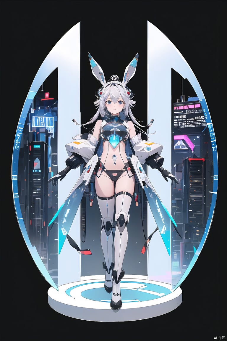  (Masterpiece, best picture quality), Cyberpunk, girl, rabbit ears,((metal and transparent shell | splicing robot)), transparent belly:1.1, metal spine:1.2, ircraft background, dynamic,perspective, xiaowu, 1 girl