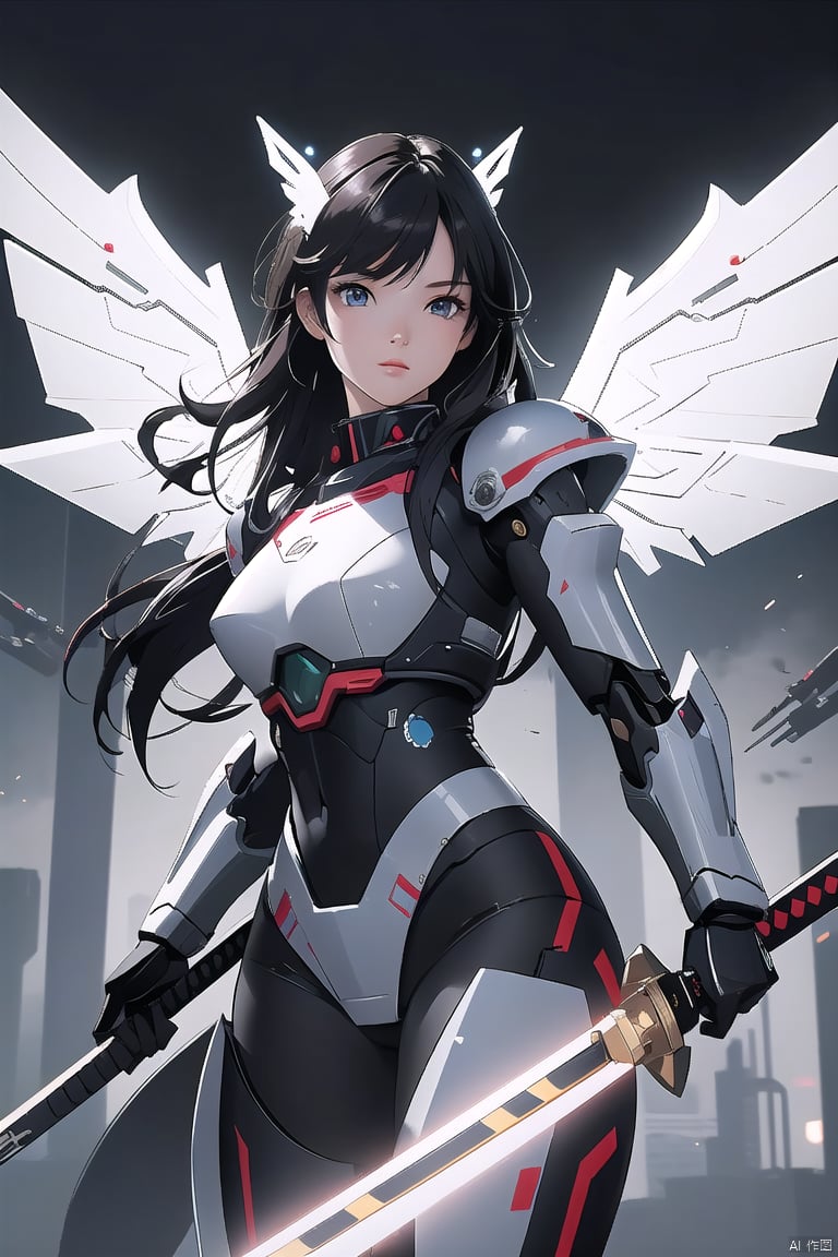  cyborg,mecha,（Best quality,masterpiece.）1girl,movie lighting, wide angle and super details,1girls,katana,mechanical_wings,mechanical_angel,armor,science fiction,