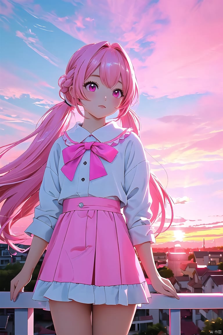 vibrant colors, 1girl, masterpiece, sharp focus, best quality, depth of field, cinematic lighting, long hair, pink hair, twin tail, pink eyes, Light blue outfit, landscape, sunset, pink sky, town