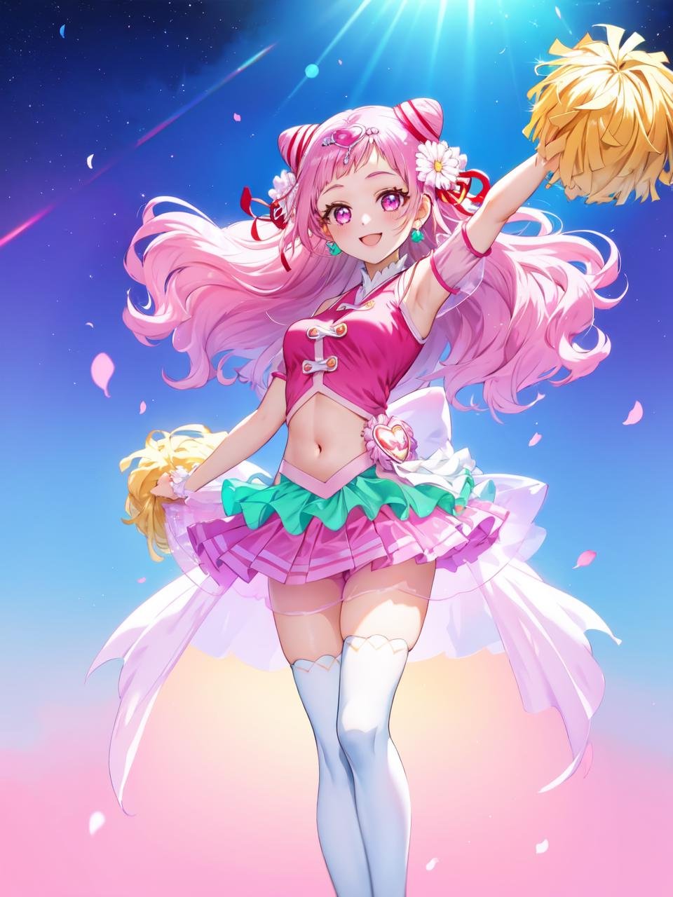 masterpiece, best quality, looking at viewer, depth of field, standing, full body, 1girl, <lora:locon_cure_yell_01:0.85>, cure yell, cheerleader, cone hair bun, hair ornament, shoulder cutout, navel, thighhighs, see-through skirt, clover earrings, pink shoes, smile, ((gradient background)), lens flare,