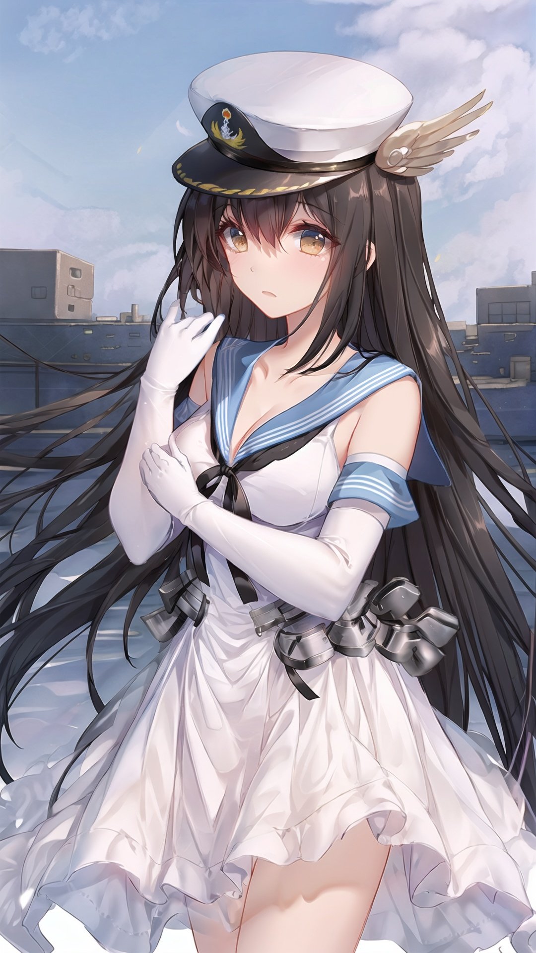  1mature girl,tender wifely,solo.beautiful detailed face,detailed eyes,(bare collarbone),brown hair,long hair,bangs,brown eyes,medium breasts,blue_sailor_collar,white_dress,sailor_dress,cleavage,elbow_gloves,white_gloves,(black_ribbon),white_headwear,collar_dress,peaked_cap/military_hat;looking at viewer,perfect female body;standing,cowboy shot.