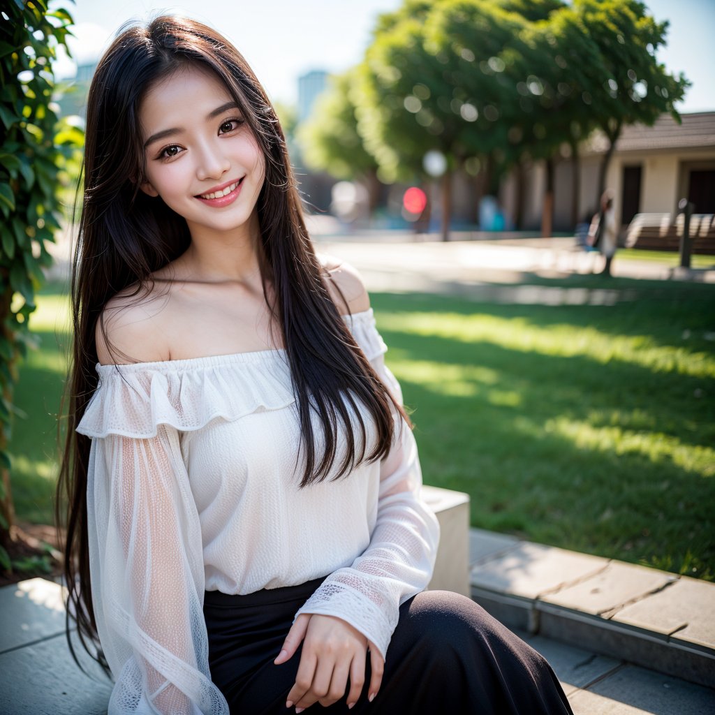 8k, highest quality, ultra details, masterpiece, photorealistic, raw photo, 1girl, long hair, blouse, light smile, detailed skin, pore, off-shoulder, low key, black background, Asha, urban city street.