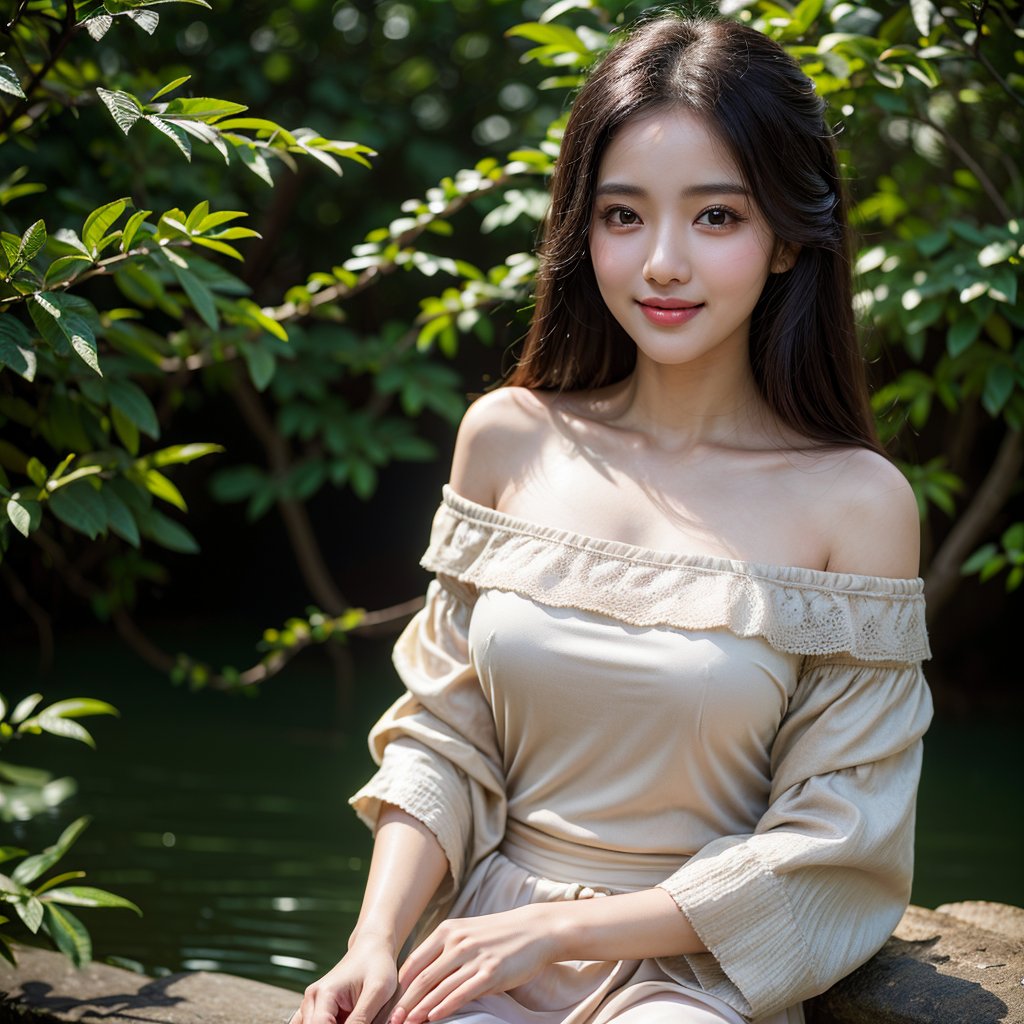 8k, highest quality, ultra details, masterpiece, best quality, photorealistic, raw photo, 1girl, long hair, blouse, light smile, detailed skin, pore, off-shoulder, low key, black background, Asha, serene nature landscape.