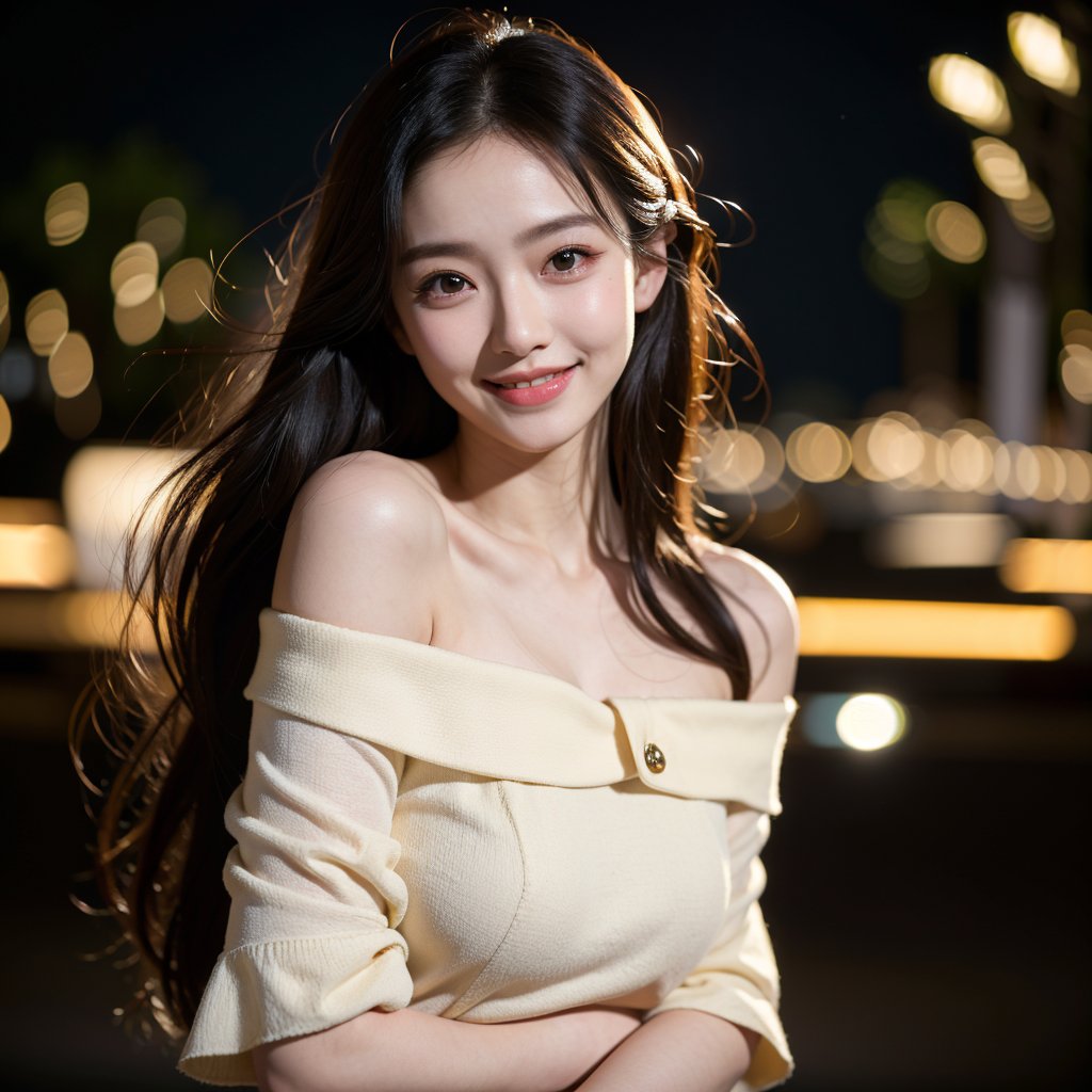 8k, highest quality, ultra details, masterpiece, photorealistic, raw photo, 1girl, long hair, blouse, light smile, detailed skin, pore, off-shoulder, low key, black background, Asha, urban city street.