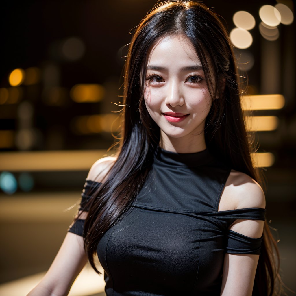 8k, highest quality, ultra details, masterpiece, photorealistic, raw photo, 1girl, long hair, blouse, light smile, detailed skin, pore, off-shoulder, low key, black background, Asha, urban city street.