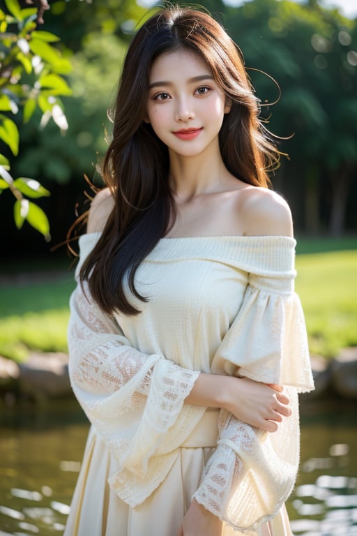 8k, highest quality, ultra details, masterpiece, best quality, photorealistic, raw photo, 1girl, long hair, blouse, light smile, detailed skin, pore, off-shoulder, low key, black background, Asha, serene nature landscape.