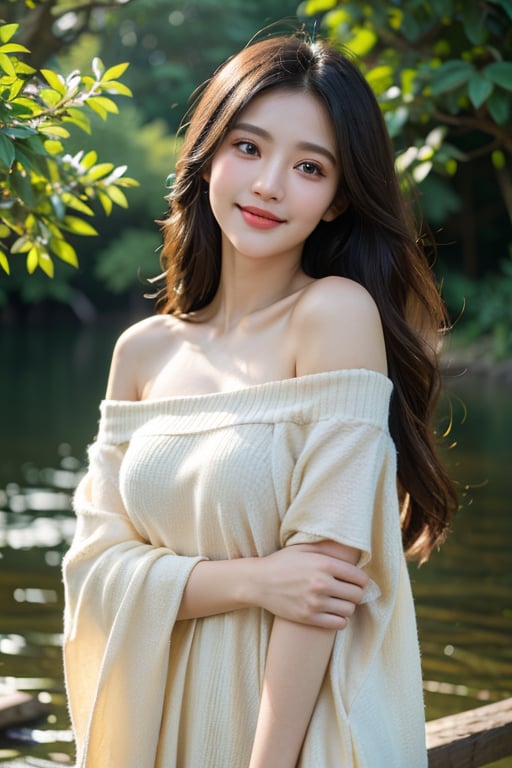 8k, highest quality, ultra details, masterpiece, best quality, photorealistic, raw photo, 1girl, long hair, blouse, light smile, detailed skin, pore, off-shoulder, low key, black background, Asha, serene nature landscape.