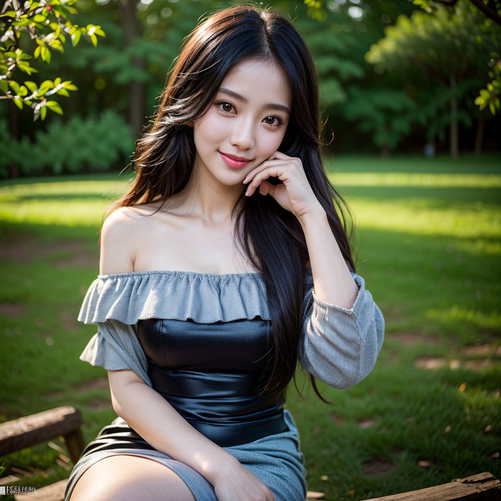 8k, highest quality, ultra details, masterpiece, best quality, photorealistic, raw photo, 1girl, long hair, blouse, light smile, detailed skin, pore, off-shoulder, low key, black background, Asha, serene nature landscape.