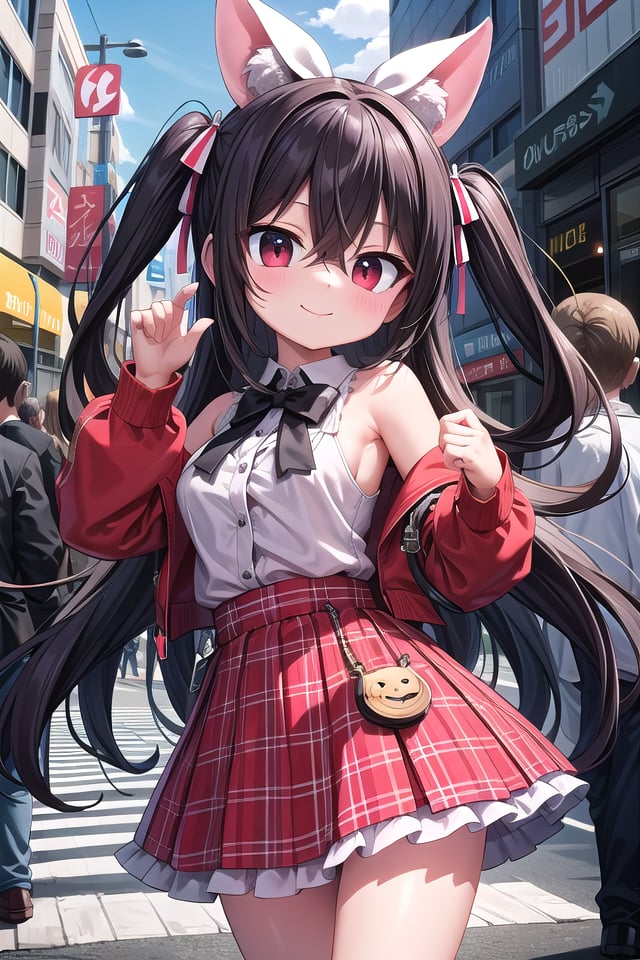 insanely detailed, absurdres, ultra-highres, ultra-detailed, best quality,1girl, solo, nice hands, perfect hands,BREAKjirai kei,plaid skirt, shirt, long sleeves, bow, blue skirt, white shoulder frilly shirt, outdoors, blue bow, long hairBREAKhappy smile, laugh, closed mouth, standing,,cute pose, cowboy shot,BREAKslender, kawaii, perfect symmetrical face, ultra cute girl, ultra cute face, ultra detailed eyes, ultra detailed hair, ultra cute, ultra beautiful,BREAKin harajuku, shibuya, tokyo, street, crowd, cityscape,BREAKmedium breasts,(black hair, red eyes), hair between eyes