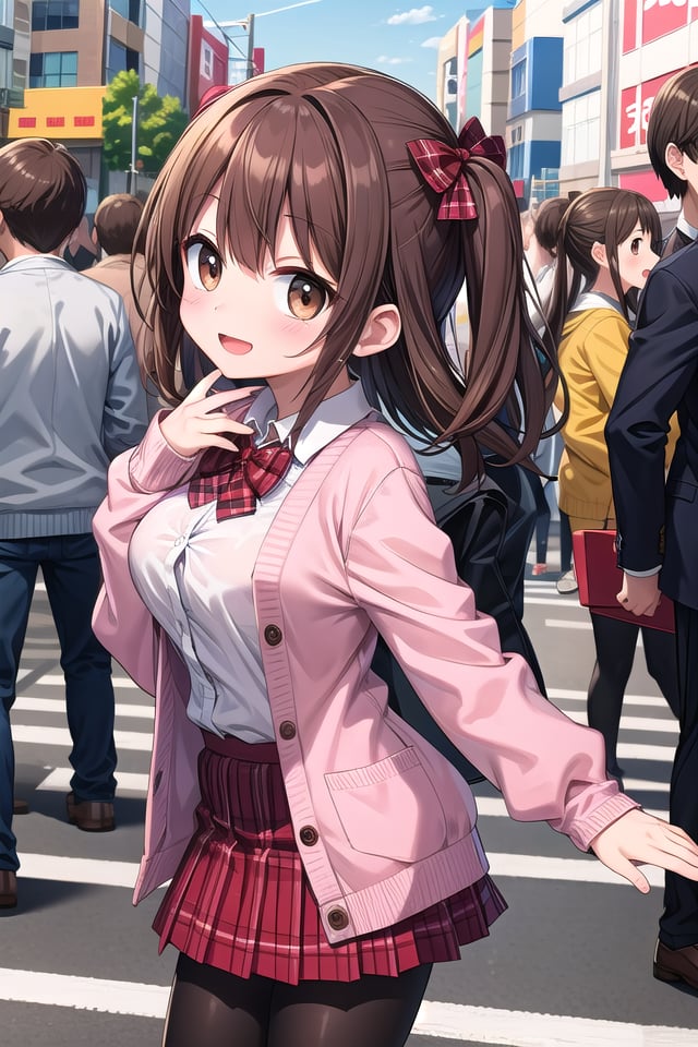 insanely detailed, absurdres, ultra-highres, ultra-detailed, best quality,1girl, solo, nice hands, perfect hands,BREAK(School Uniforms:1.2), (pink cardigan is fit body:1.4), ((do up a buttons, not loose):1.5), ((long sleeve, sleeves past wrists):1.2), (inner wear is white collared-shirt:1.3), (red plaid-pattern bow:1.3), (red plaid-pattern pleated skirt:1.3), ((dark-brown pantyhose, loafers):1.2) ,BREAKhappy smile, laugh, open mouth, standing,from side,cute pose, cowboy shot,BREAKslender, kawaii, perfect symmetrical face, ultra cute girl, ultra cute face, ultra detailed eyes, ultra detailed hair, ultra cute, ultra beautiful,BREAKin harajuku, shibuya, tokyo, street, crowd, cityscape,BREAKmedium large breasts,(brown hair, brown eyes), hime cut