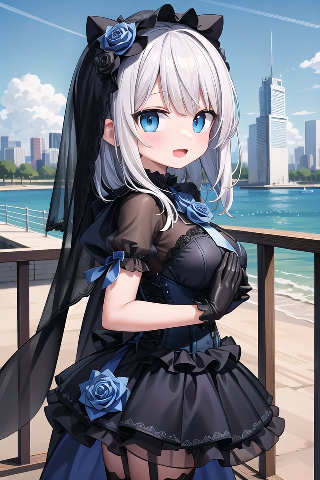 (cleavage:-1), insanely detailed, absurdres, ultra-highres, ultra-detailed, best quality,1girl, solo, nice hands, perfect hands,BREAK(fusion of black mourning-dress and black wedding dress:1.2), (gothloli dress:1.3), (light-blue and black theme:1.3), ((black mourning-veil, black see-through wedding-veil):1.5), ((black latex corset, light-blue breast-cup):1.4), (short puff-sleeve:1.3), ((white collar, tie-bow):1.3), ((ruffle-skirt, multilayer-skirt):1.4), ((stockings, garter belt):1.3), (see-through long gloves:1.3), (blue rose decoration on head:1.3), (high heels:1.1)BREAKhappy smile, laugh, open mouth,standing,own hands together,from side, cowboy shot,BREAKslender, kawaii, perfect symmetrical face, ultra cute girl, ultra cute face, ultra detailed eyes, ultra detailed hair, ultra cute, ultra beautiful,BREAKcityscape in tokyo, ultra detailed background, blue sky, bay side, panorama view,(cleavage:-1), white hair, blue eyes