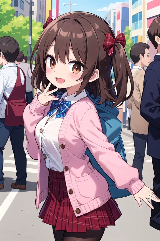 insanely detailed, absurdres, ultra-highres, ultra-detailed, best quality,1girl, solo, nice hands, perfect hands,BREAK(School Uniforms:1.2), (pink cardigan is fit body:1.4), ((do up a buttons, not loose):1.5), ((long sleeve, sleeves past wrists):1.2), (inner wear is white collared-shirt:1.3), (red plaid-pattern bow:1.3), (red plaid-pattern pleated skirt:1.3), ((dark-brown pantyhose, loafers):1.2) ,BREAKhappy smile, laugh, open mouth, standing,from side,cute pose, cowboy shot,BREAKslender, kawaii, perfect symmetrical face, ultra cute girl, ultra cute face, ultra detailed eyes, ultra detailed hair, ultra cute, ultra beautiful,BREAKin harajuku, shibuya, tokyo, street, crowd, cityscape,BREAKmedium large breasts,(brown hair, brown eyes), hime cut