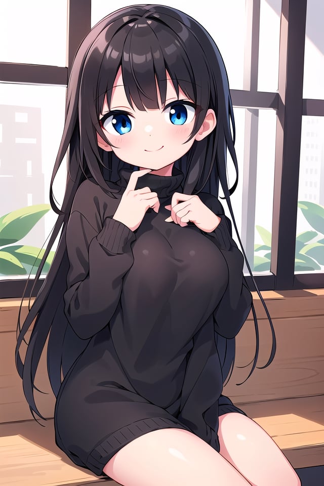 insanely detailed, absurdres, ultra-highres, ultra-detailed, best quality,1 girl, solo, nice hands, perfect hands,BREAK,wearing sweater,happy smile, laugh, closed mouth,sitting, cute pose,45 angle, cowboy shot, looking at viewer,BREAK,slender, kawaii, perfect symmetrical face, ultra cute girl, ultra cute face, ultra detailed eyes, ultra detailed hair, ultra cute, ultra beautiful,by Canon EOS, SIGMA Art Lens 35mm F1.4, ISO 200 Shutter Speed 2000,BREAK,indoors, in coffee shop,medium large breasts,,black hair, long hair, black eyes