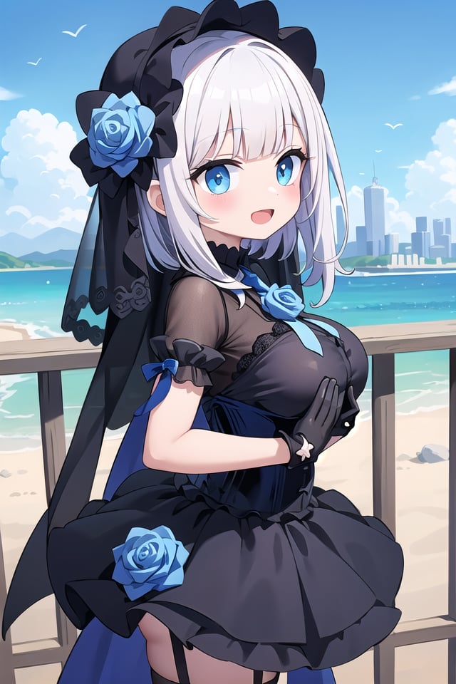 (cleavage:-1), insanely detailed, absurdres, ultra-highres, ultra-detailed, best quality,1girl, solo, nice hands, perfect hands,BREAK(fusion of black mourning-dress and black wedding dress:1.2), (gothloli dress:1.3), (light-blue and black theme:1.3), ((black mourning-veil, black see-through wedding-veil):1.5), ((black latex corset, light-blue breast-cup):1.4), (short puff-sleeve:1.3), ((white collar, tie-bow):1.3), ((ruffle-skirt, multilayer-skirt):1.4), ((stockings, garter belt):1.3), (see-through long gloves:1.3), (blue rose decoration on head:1.3), (high heels:1.1)BREAKhappy smile, laugh, open mouth,standing,own hands together,from side, cowboy shot,BREAKslender, kawaii, perfect symmetrical face, ultra cute girl, ultra cute face, ultra detailed eyes, ultra detailed hair, ultra cute, ultra beautiful,BREAKcityscape in tokyo, ultra detailed background, blue sky, bay side, panorama view,(cleavage:-1), white hair, blue eyes