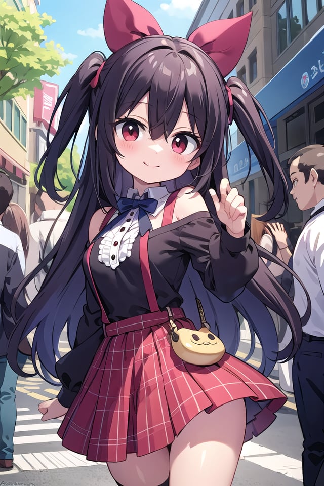 insanely detailed, absurdres, ultra-highres, ultra-detailed, best quality,1girl, solo, nice hands, perfect hands,BREAKjirai kei,plaid skirt, shirt, long sleeves, bow, blue skirt, white shoulder frilly shirt, outdoors, blue bow, long hairBREAKhappy smile, laugh, closed mouth, standing,,cute pose, cowboy shot,BREAKslender, kawaii, perfect symmetrical face, ultra cute girl, ultra cute face, ultra detailed eyes, ultra detailed hair, ultra cute, ultra beautiful,BREAKin harajuku, shibuya, tokyo, street, crowd, cityscape,BREAKmedium breasts,(black hair, red eyes), hair between eyes