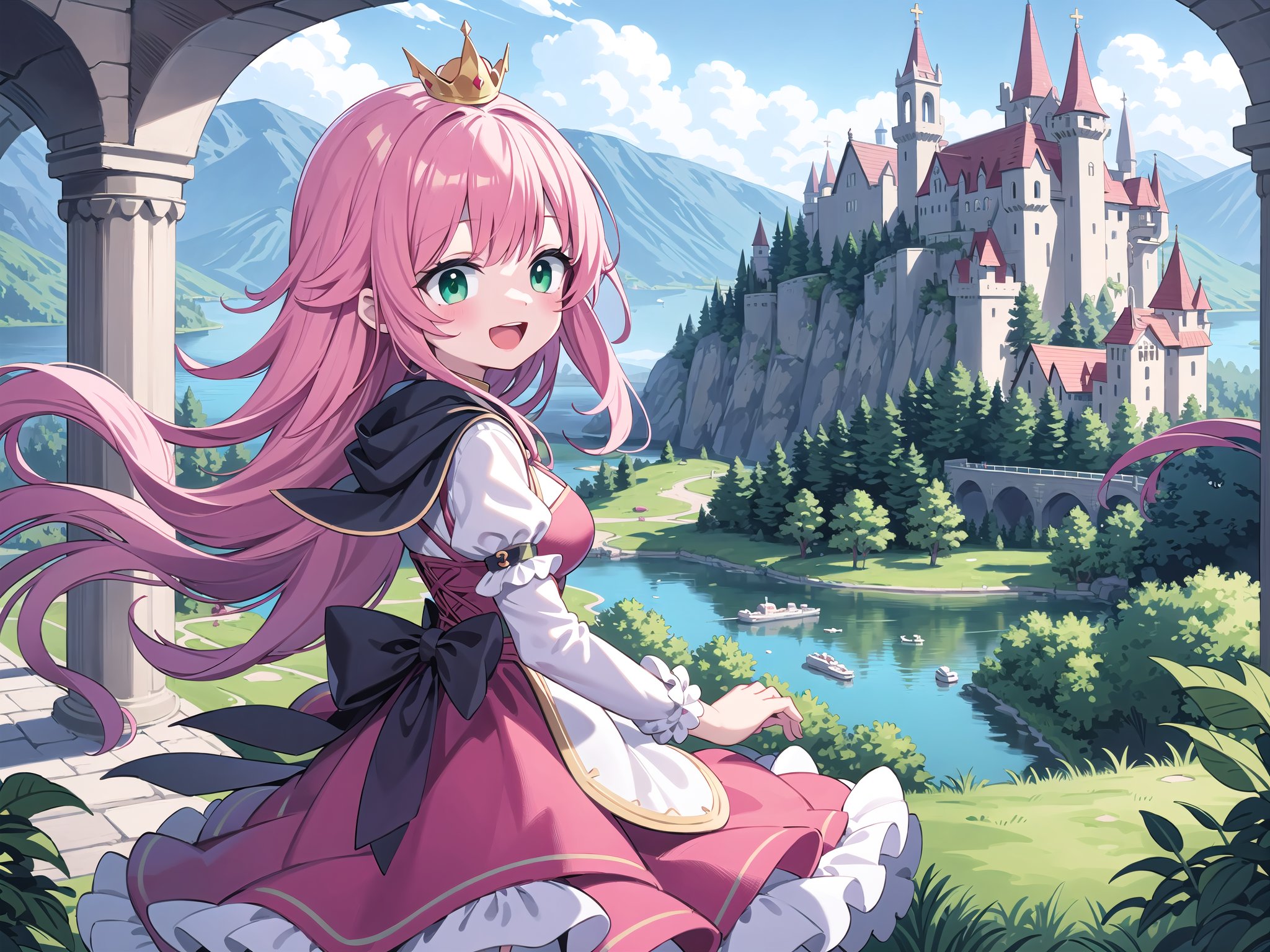 insanely detailed, absurdres, ultra-highres, ultra-detailed, best quality,1 girl, solo, nice hands, perfect hands,BREAK,(wearing princess dress), teara,happy smile, laugh, open mouth,standing,from side, cowboy shot, looking at viewer,BREAK,slender, kawaii, perfect symmetrical face, ultra cute girl, ultra cute face, ultra detailed eyes, ultra detailed hair, ultra cute, ultra beautiful,BREAK,fantasy world, (castle in background, lake:1.3), (very wide, panorama view, sense of depth, magnificent view:1.3)BREAK,princess girl, pink hair, green eyes, medium breasts