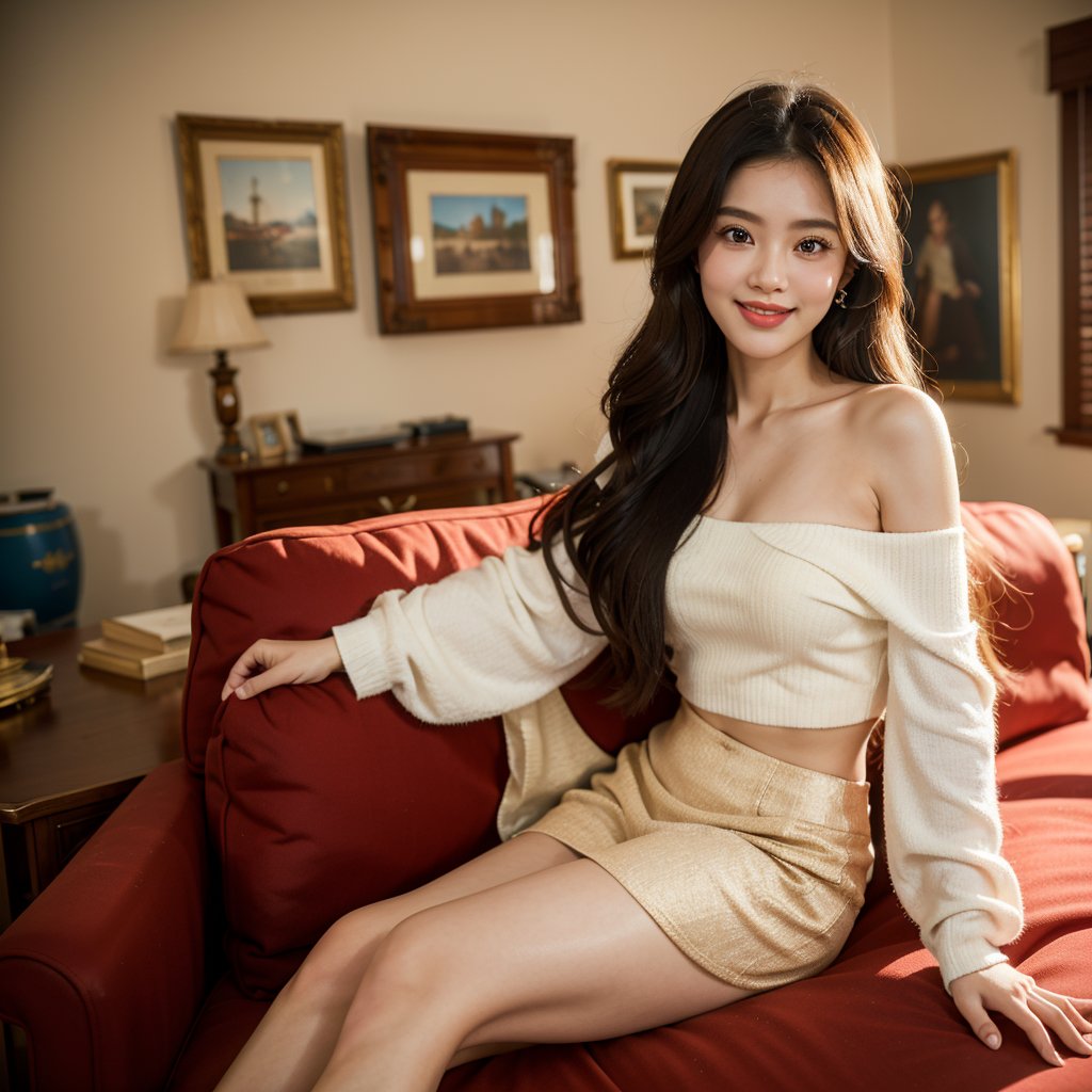 8k, highest quality, ultra details, masterpiece, best quality, photorealistic, raw photo, 1girl, long hair, blouse, light smile, detailed skin, pore, off-shoulder, low key, vintage-inspired room.